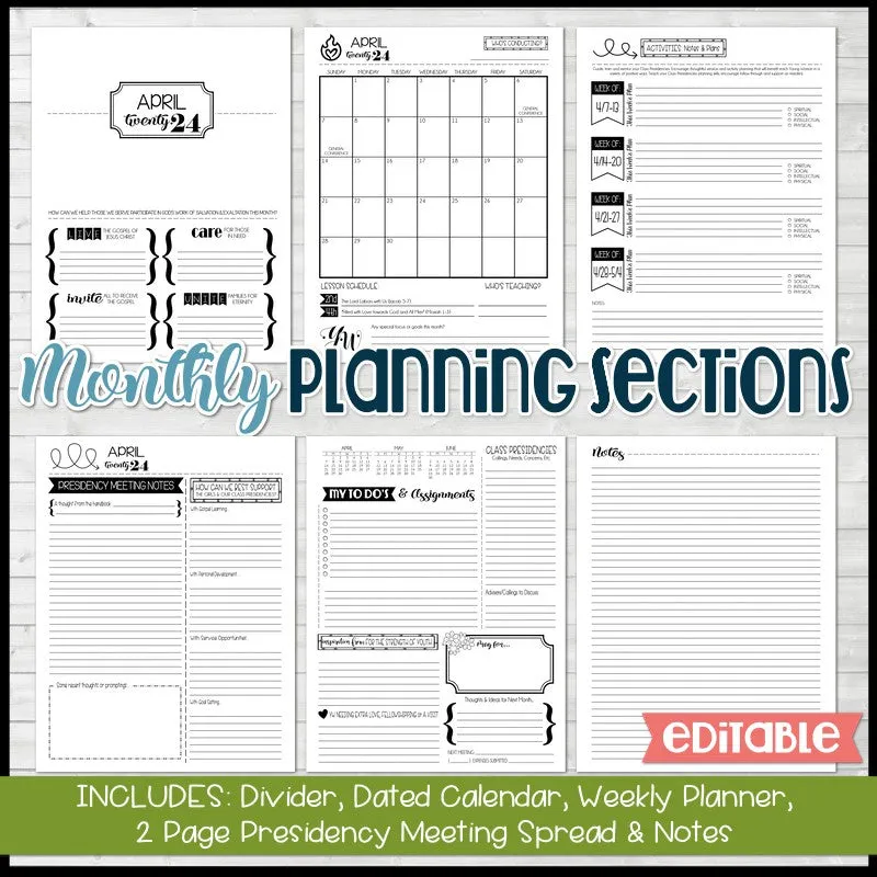 2024 YOUNG WOMEN Presidency Planner {EDITABLE} PRINTABLE