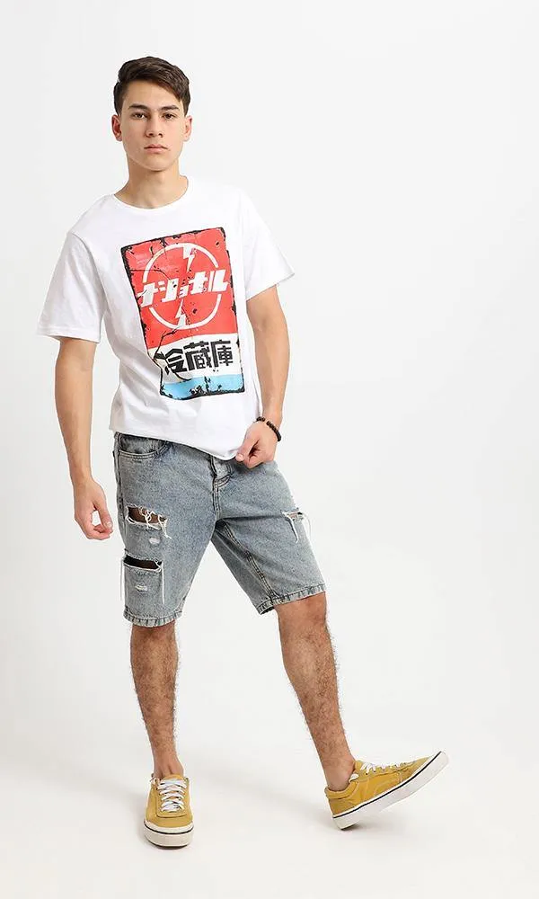 95079 Front Graphic Printed White Short Sleeves Tee