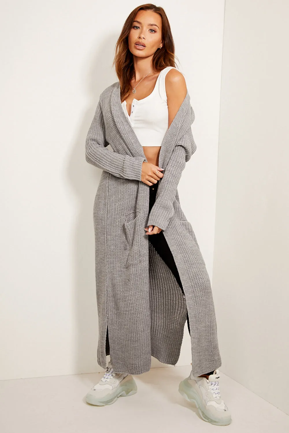 Allies Grey Longline Knitted Open Cardigan