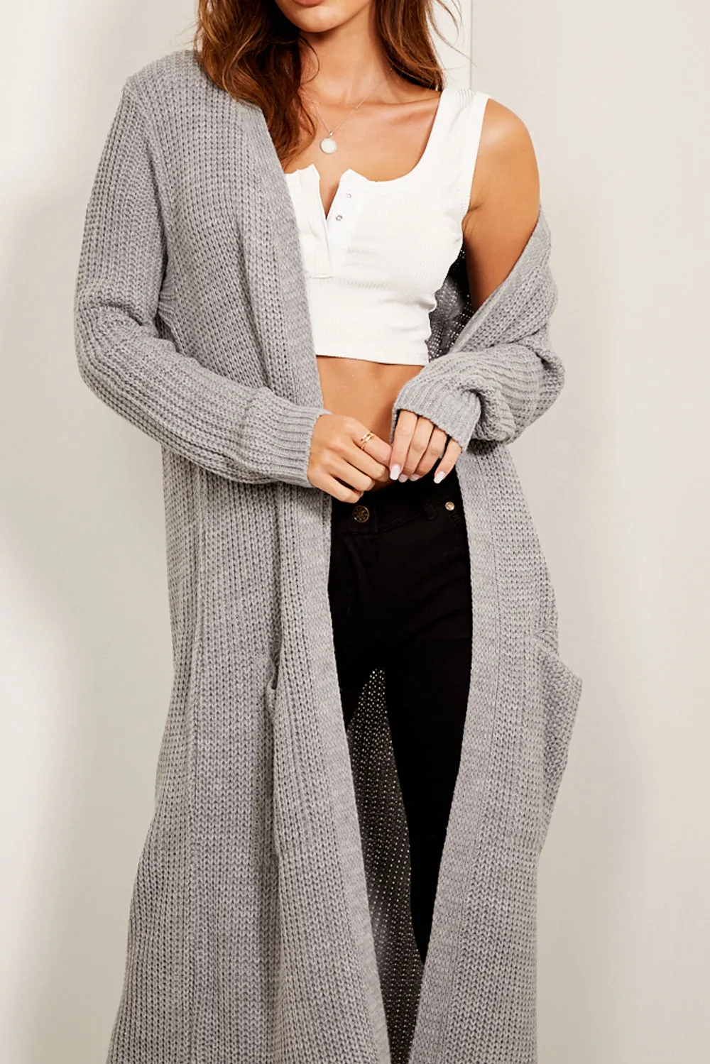 Allies Grey Longline Knitted Open Cardigan