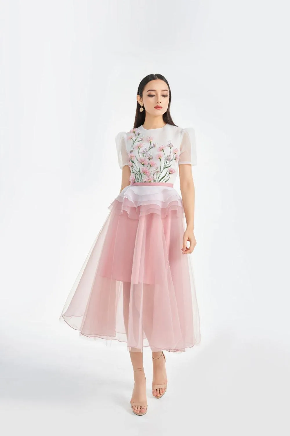 Amity Peplum Puffy Sleeved Organza Midi Dress