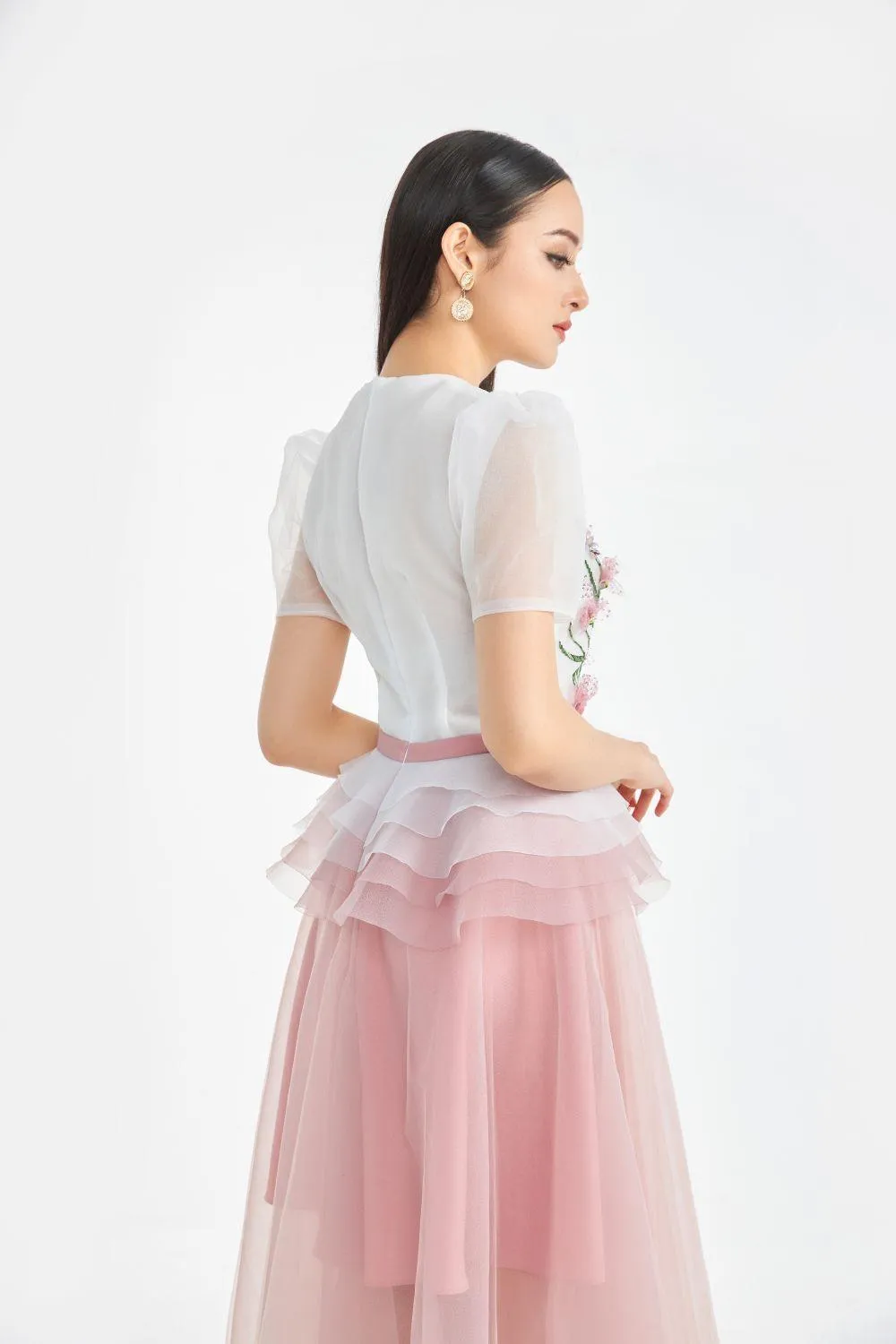 Amity Peplum Puffy Sleeved Organza Midi Dress