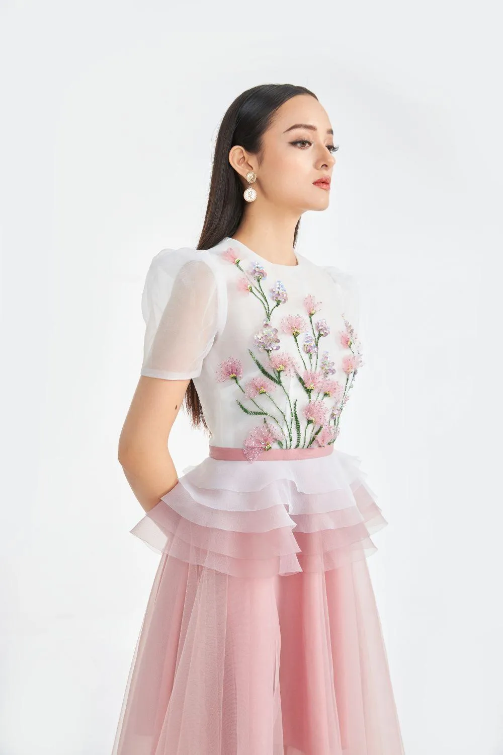 Amity Peplum Puffy Sleeved Organza Midi Dress