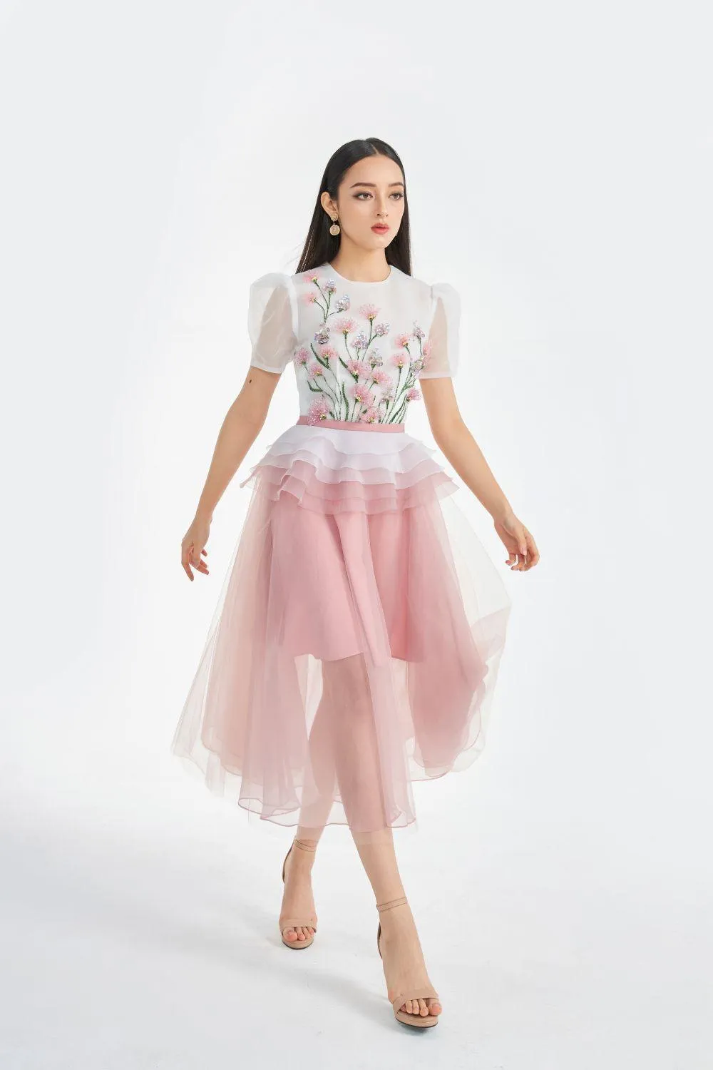 Amity Peplum Puffy Sleeved Organza Midi Dress