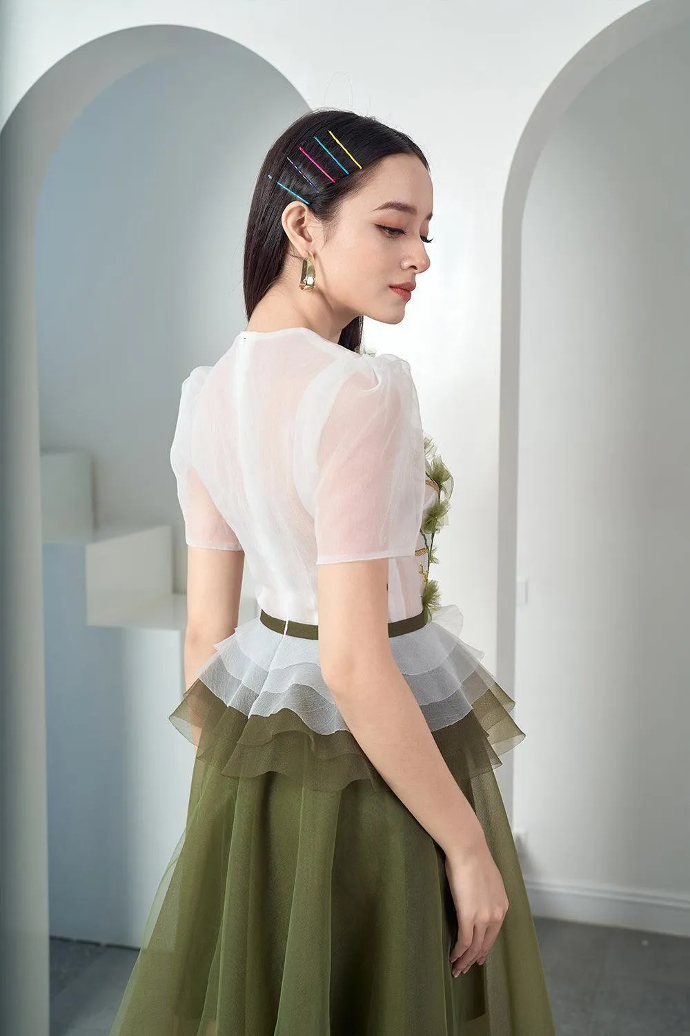 Amity Peplum Puffy Sleeved Organza Midi Dress