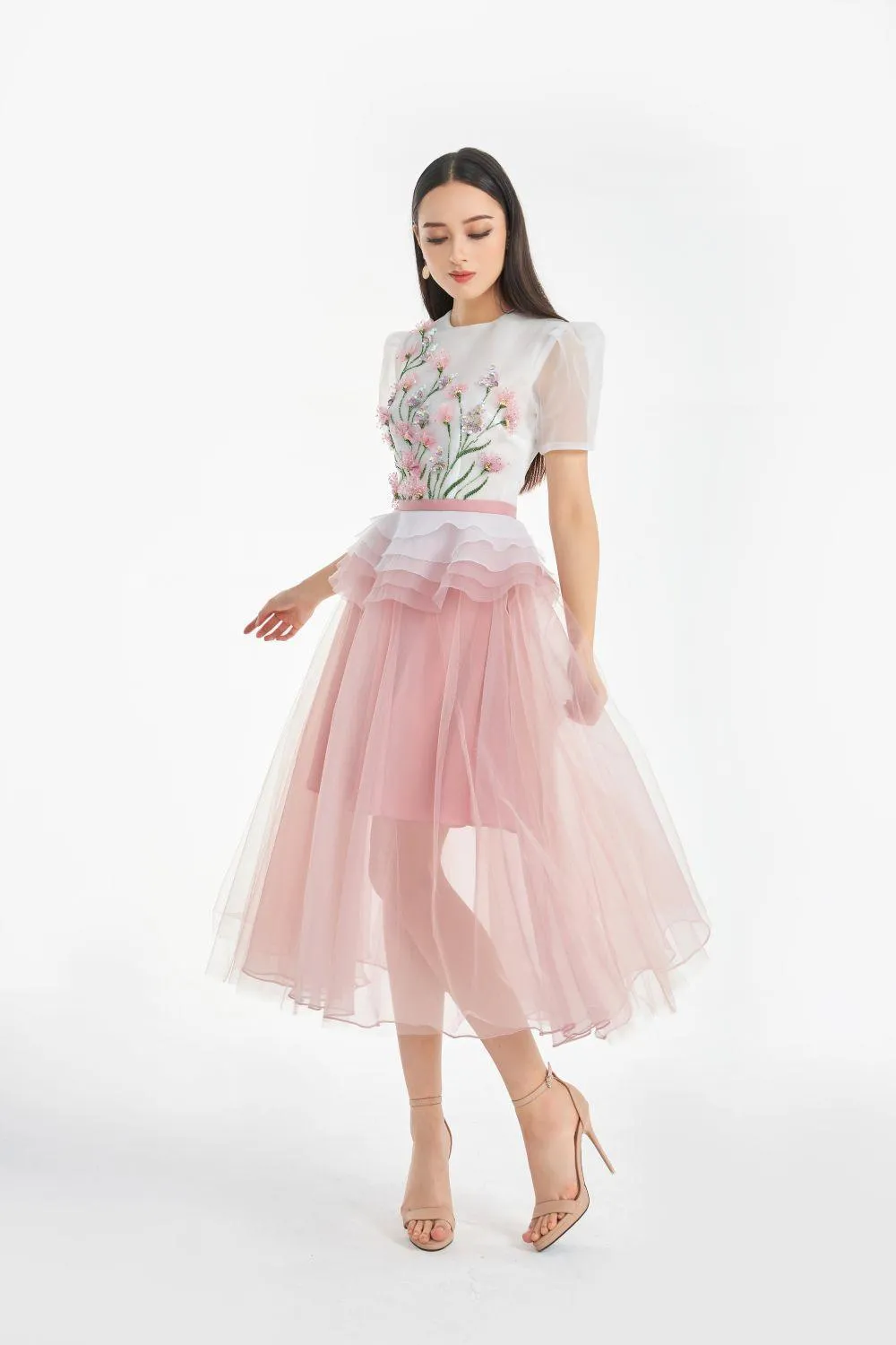 Amity Peplum Puffy Sleeved Organza Midi Dress