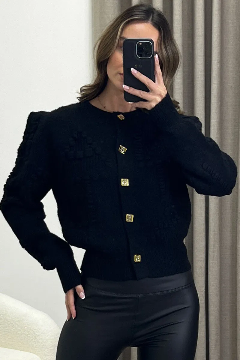 Aoni Black Gold Square Button Up Wool Knit Cardigan