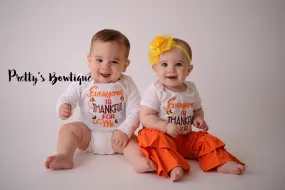 Baby Girl Thanksgiving Outfit Set - Everyone is Thankful for Me T Shirt, Ruffled Pants & Flower Headband-- Twins Outfit -- Gender Neutral