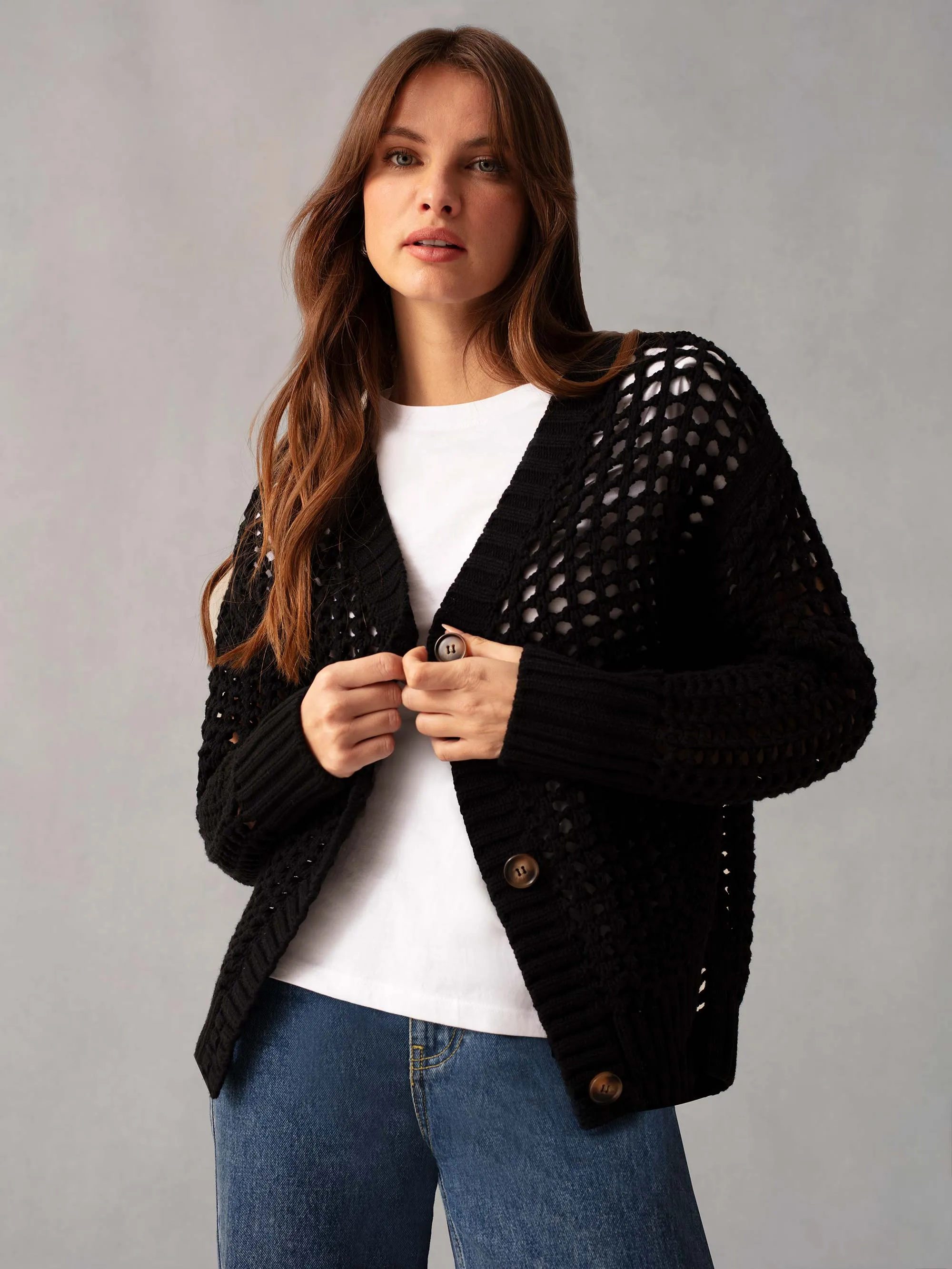 Black Crochet Knit Cardigan