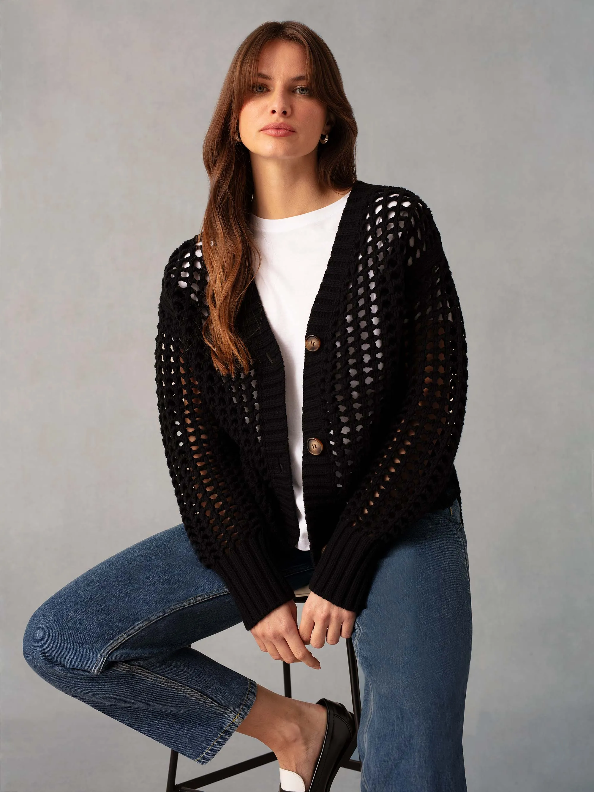 Black Crochet Knit Cardigan