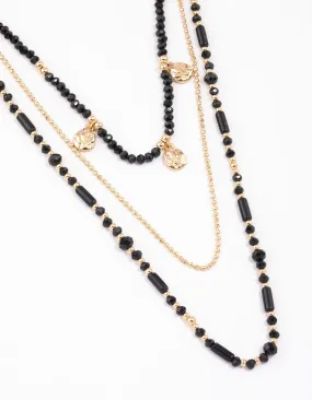 Black Mixed Bead Textured Disk Multi Row Necklace