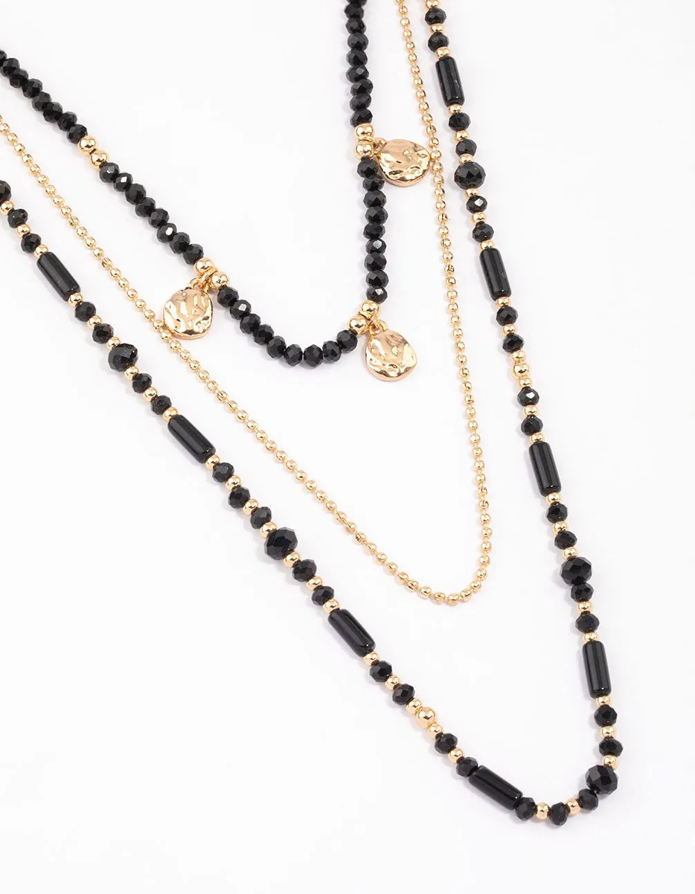 Black Mixed Bead Textured Disk Multi Row Necklace