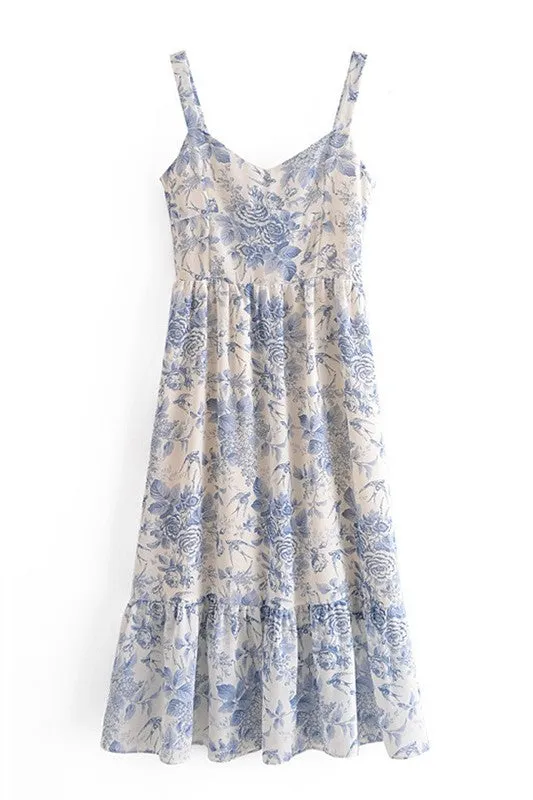 BLUE AND WHITE FLORAL MIDI SUN DRESS