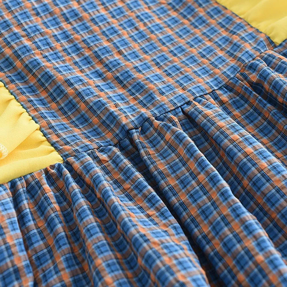 Blue Checked Long Sleeve Girl's Dress