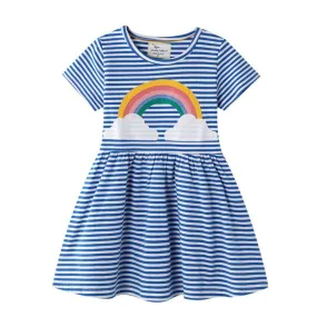 BLUE STRIPED RAINBOW PRINTED DRESS