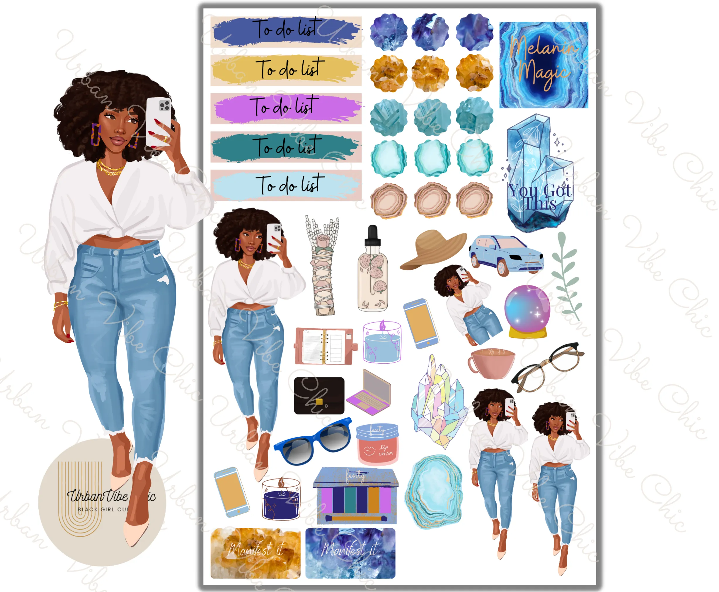 Blue Summer- Black Girl Planner Stickers