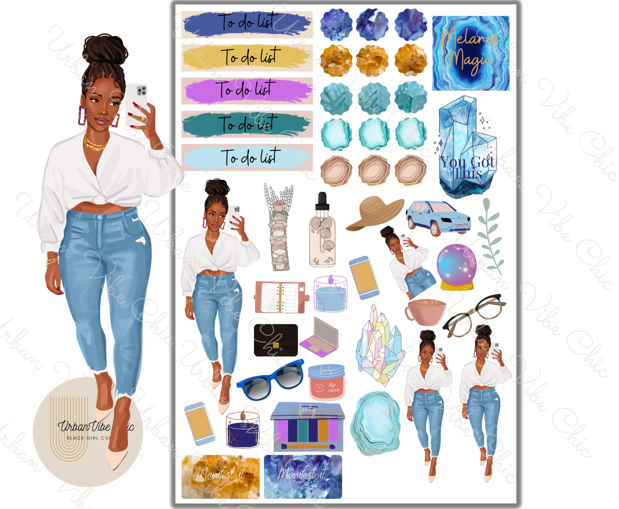 Blue Summer- Black Girl Planner Stickers