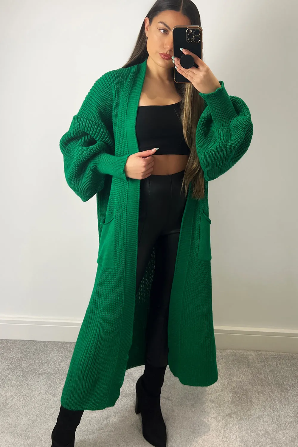 Bonnie Green Longline Open Front Knitted Cardigan