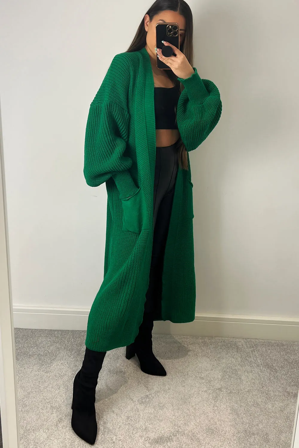 Bonnie Green Longline Open Front Knitted Cardigan