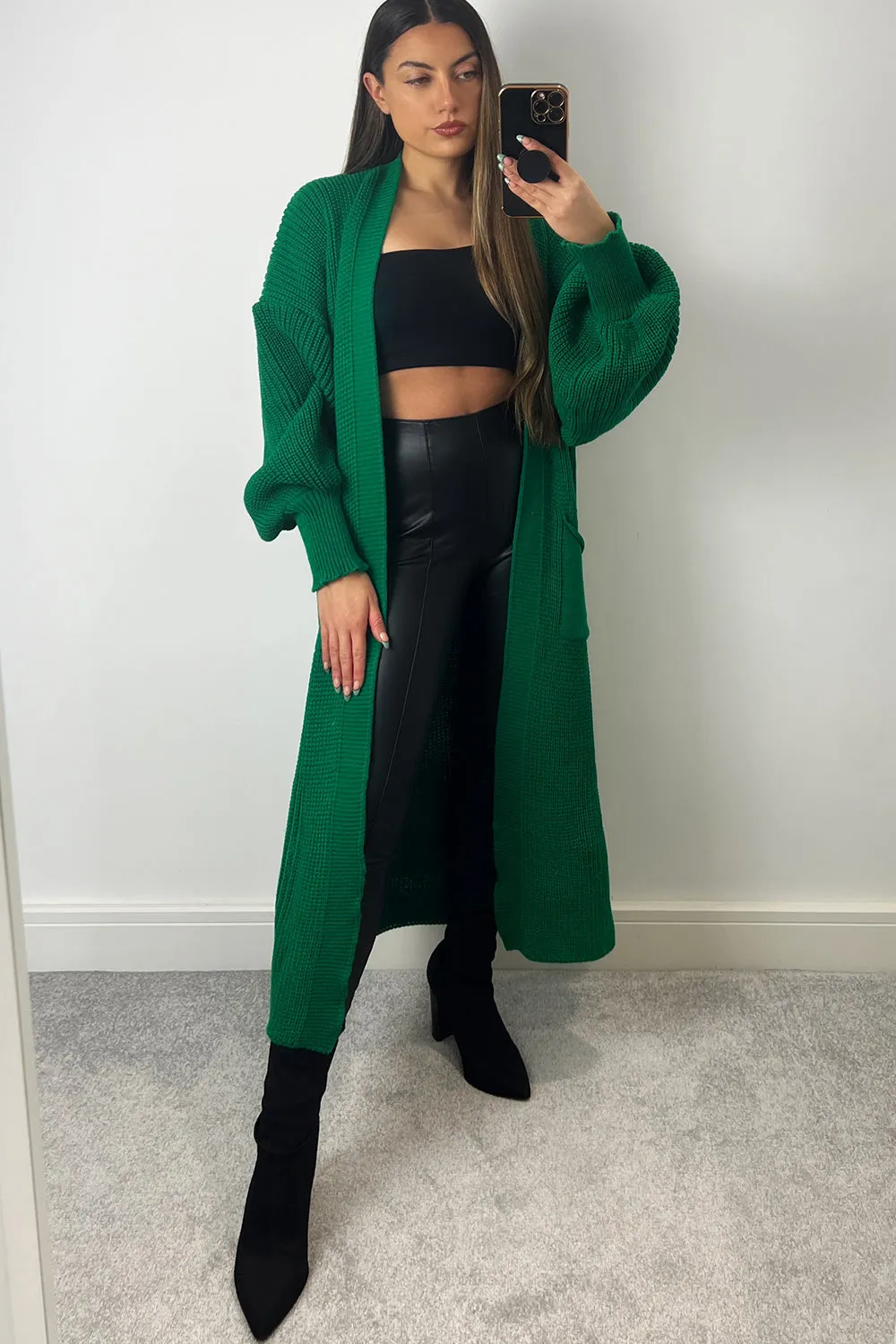 Bonnie Green Longline Open Front Knitted Cardigan