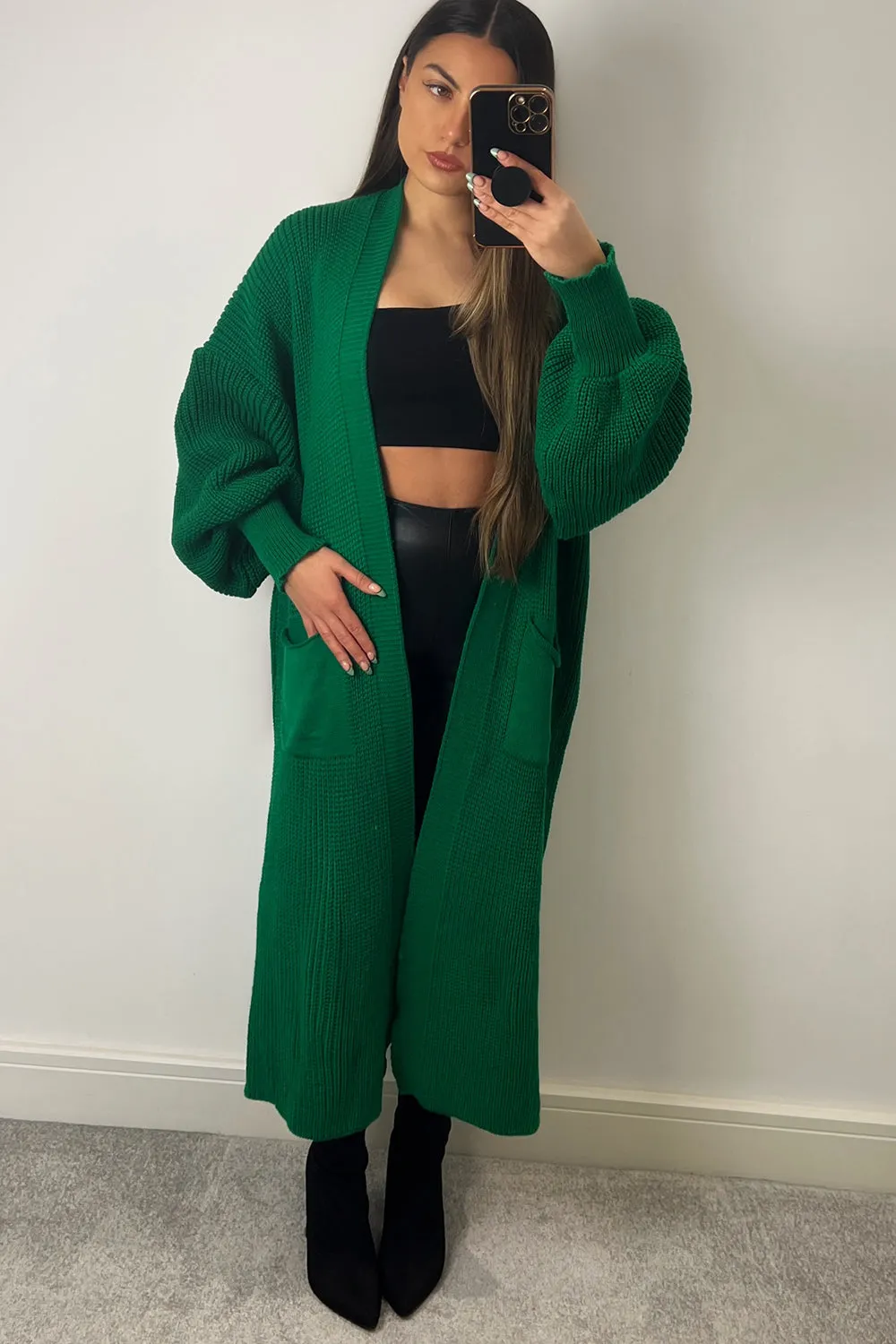 Bonnie Green Longline Open Front Knitted Cardigan