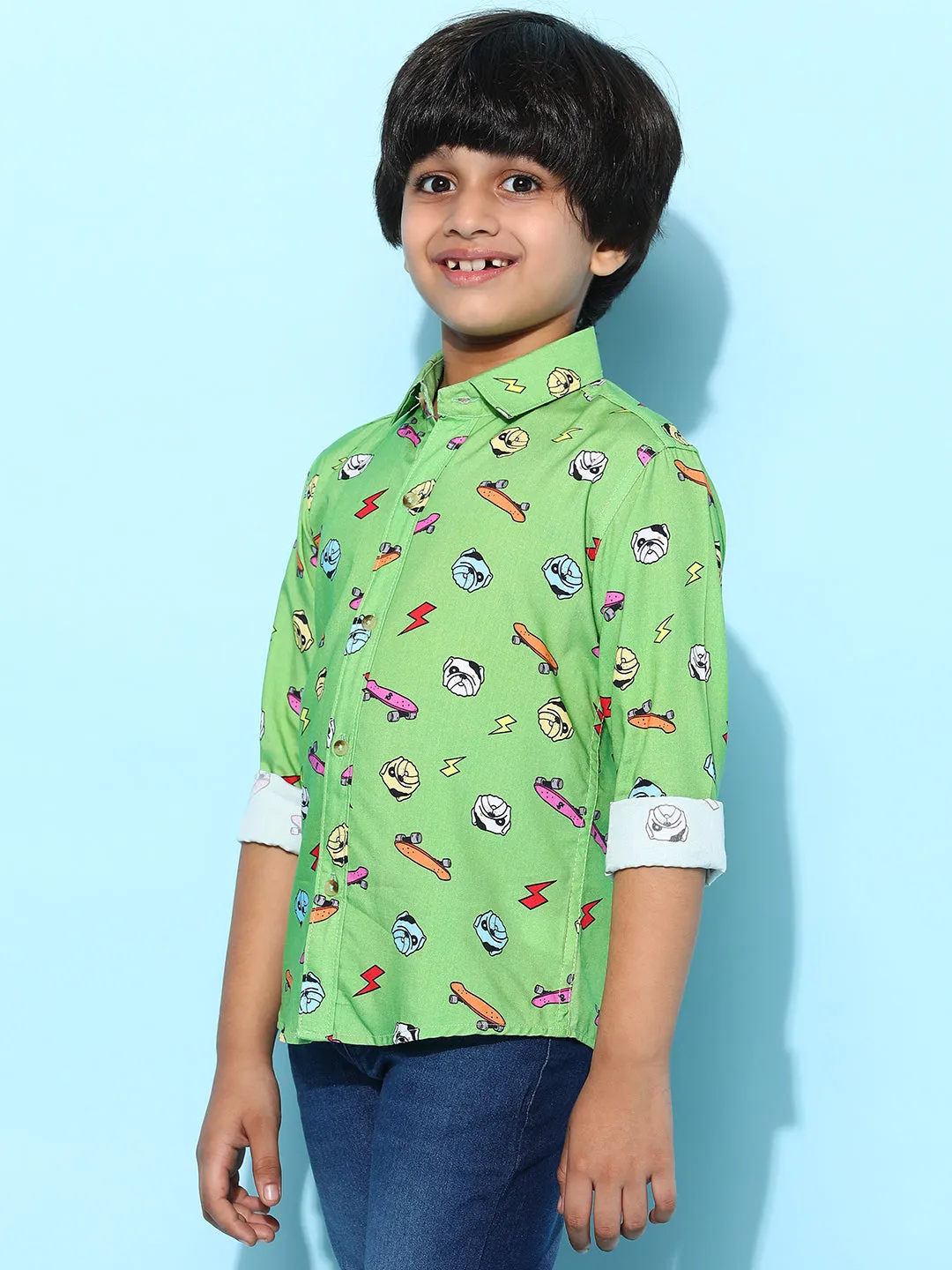 Boys Green Rayon Printed Regular Fit Shirt