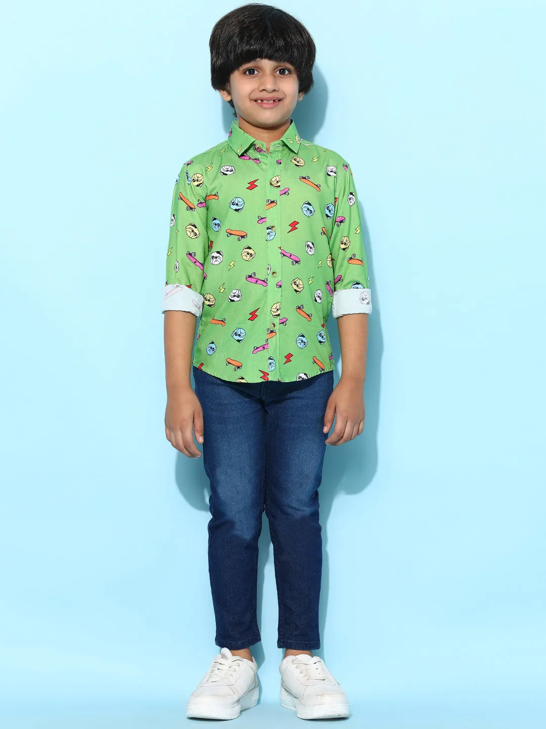 Boys Green Rayon Printed Regular Fit Shirt