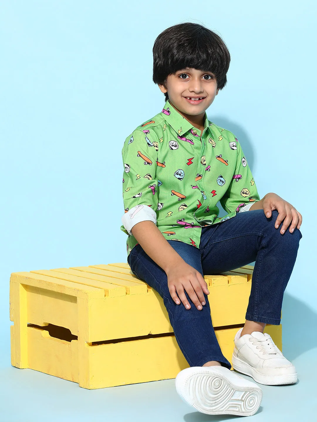 Boys Green Rayon Printed Regular Fit Shirt