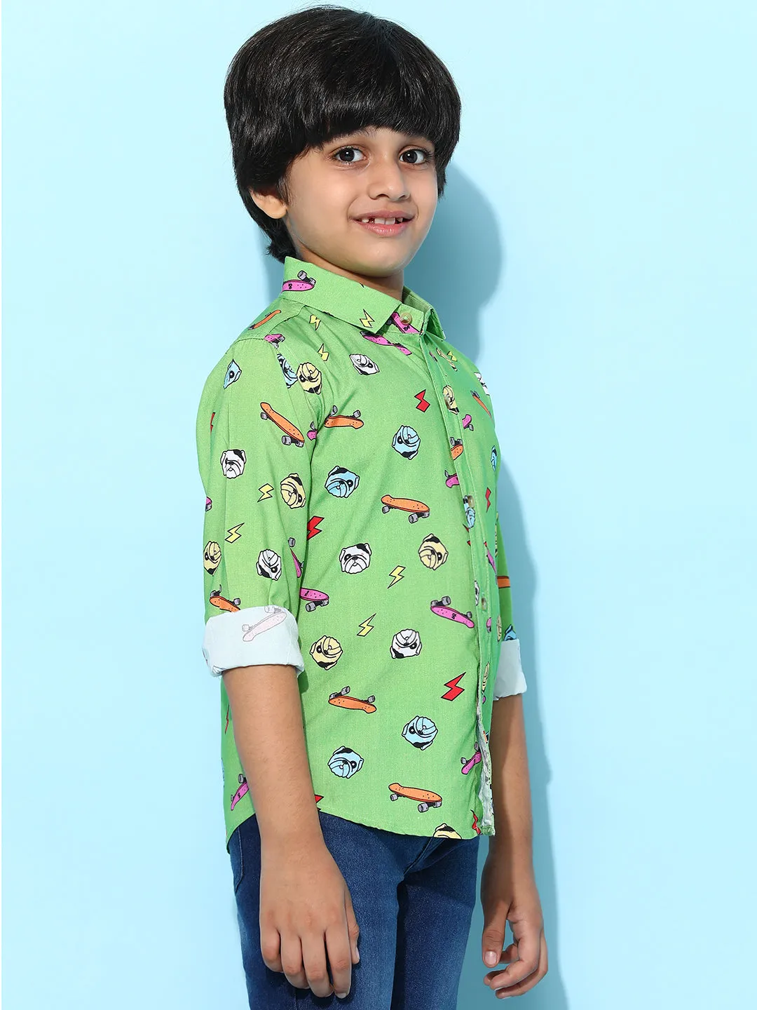 Boys Green Rayon Printed Regular Fit Shirt