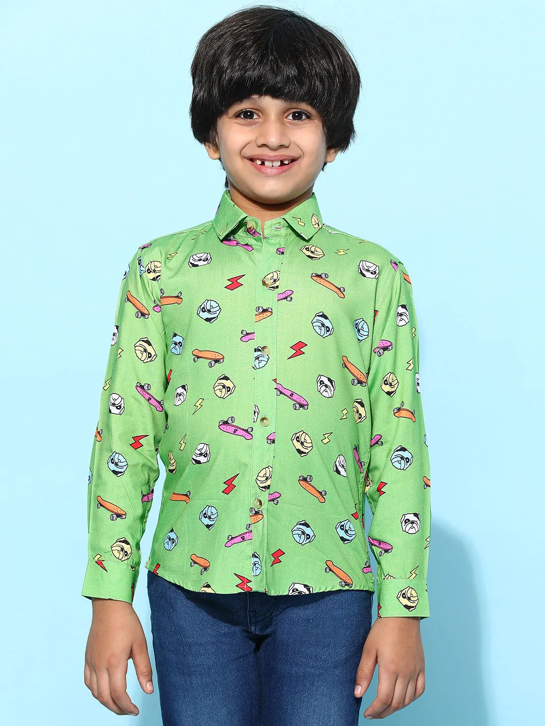 Boys Green Rayon Printed Regular Fit Shirt