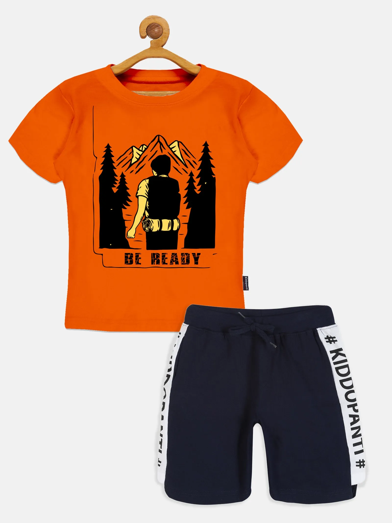 Boys Printed Round Neck Tee & Cut And Sew Knee Length Shorts Set