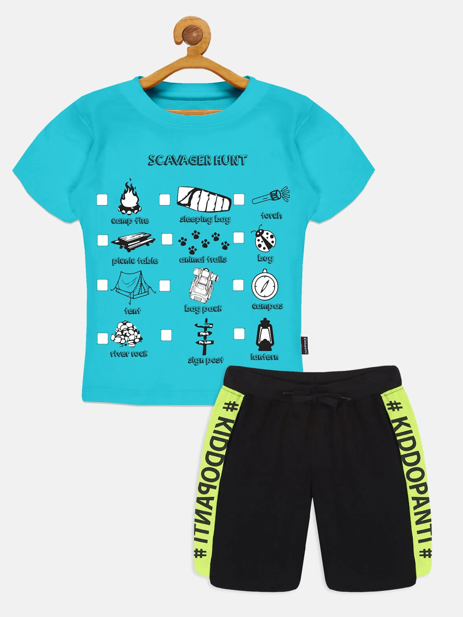 Boys Printed Round Neck Tee & Cut And Sew Knee Length Shorts Set