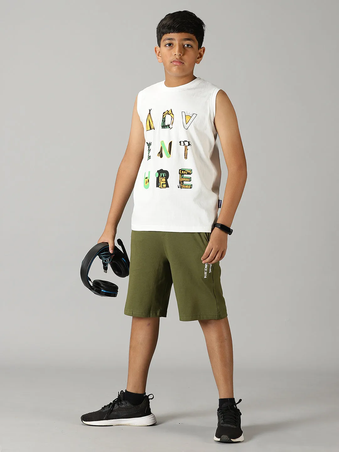 Boys Printed Sleeveless Tee & Knit Shorts With Zipper Pocket Set