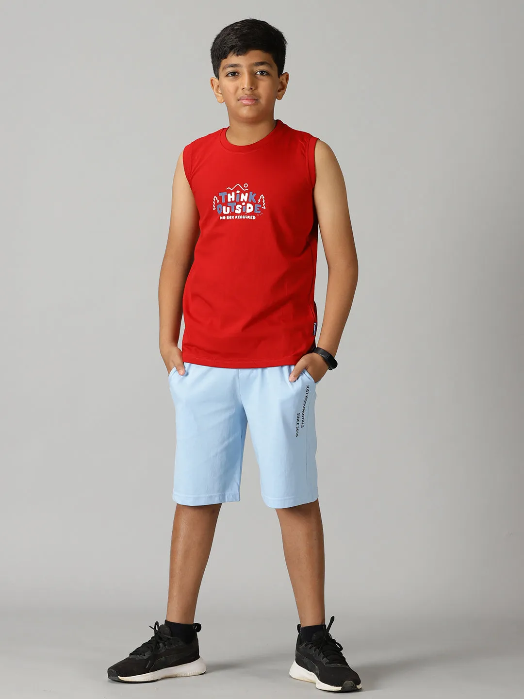 Boys Printed Sleeveless Tee & Knit Shorts With Zipper Pocket Set