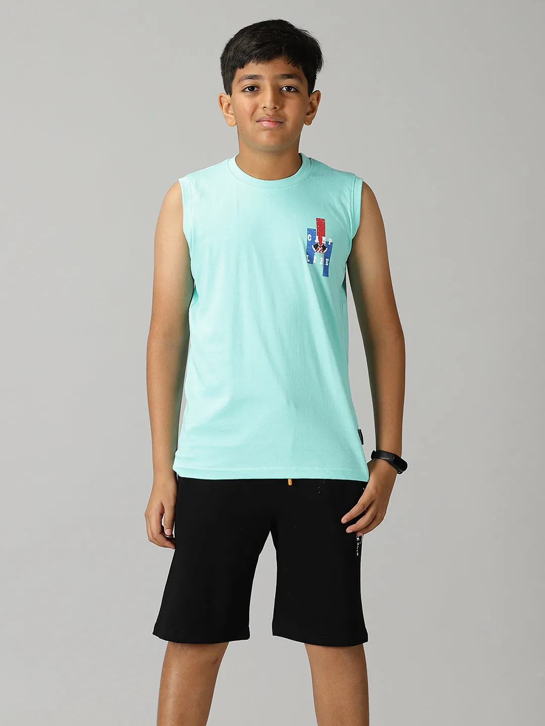 Boys Printed Sleeveless Tee & Knit Shorts With Zipper Pocket Set