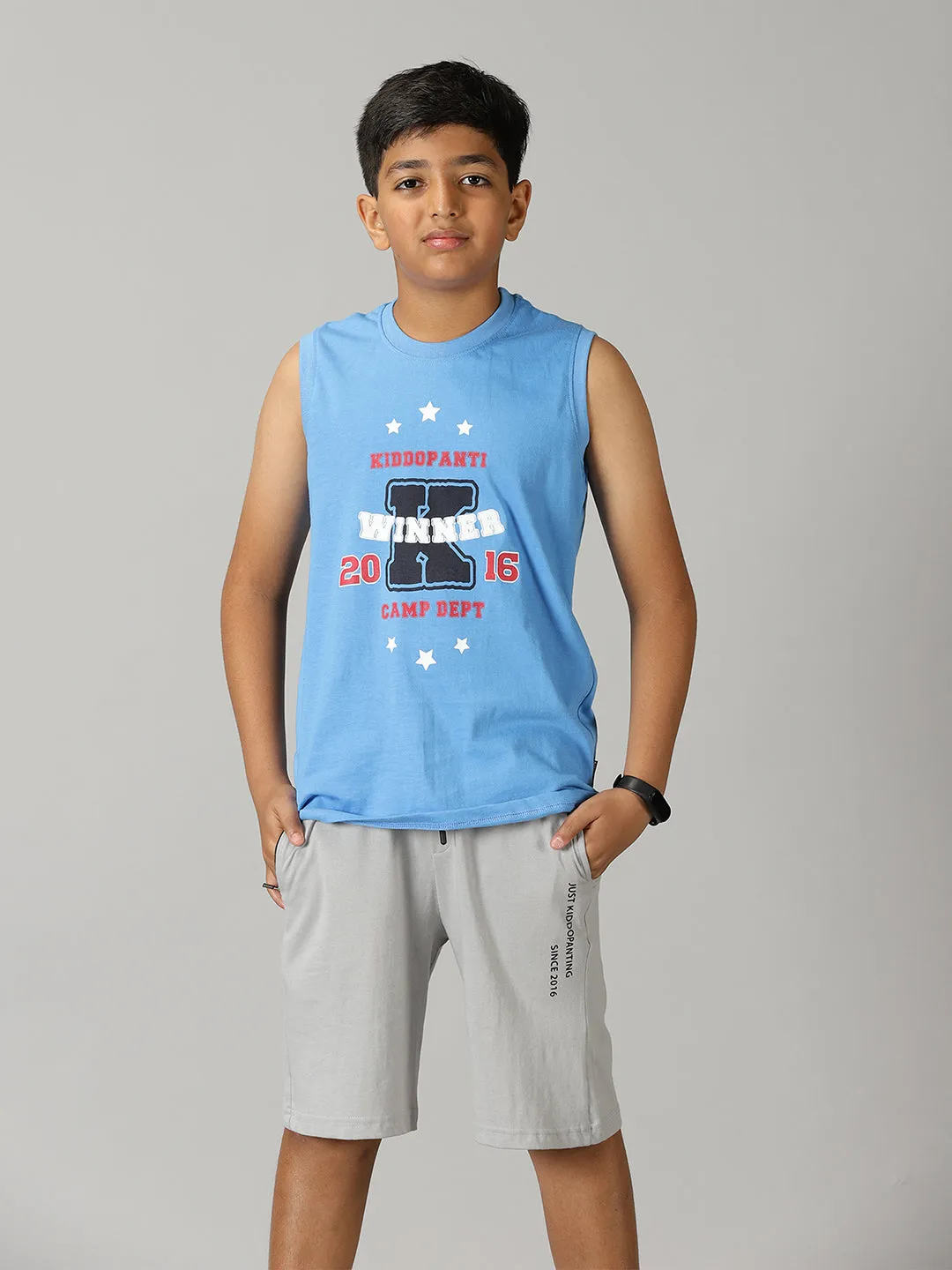 Boys Printed Sleeveless Tee & Knit Shorts With Zipper Pocket Set