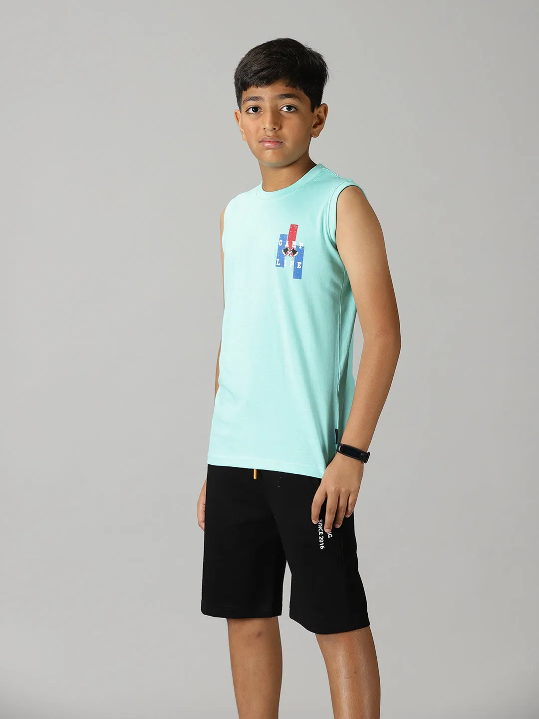 Boys Printed Sleeveless Tee & Knit Shorts With Zipper Pocket Set