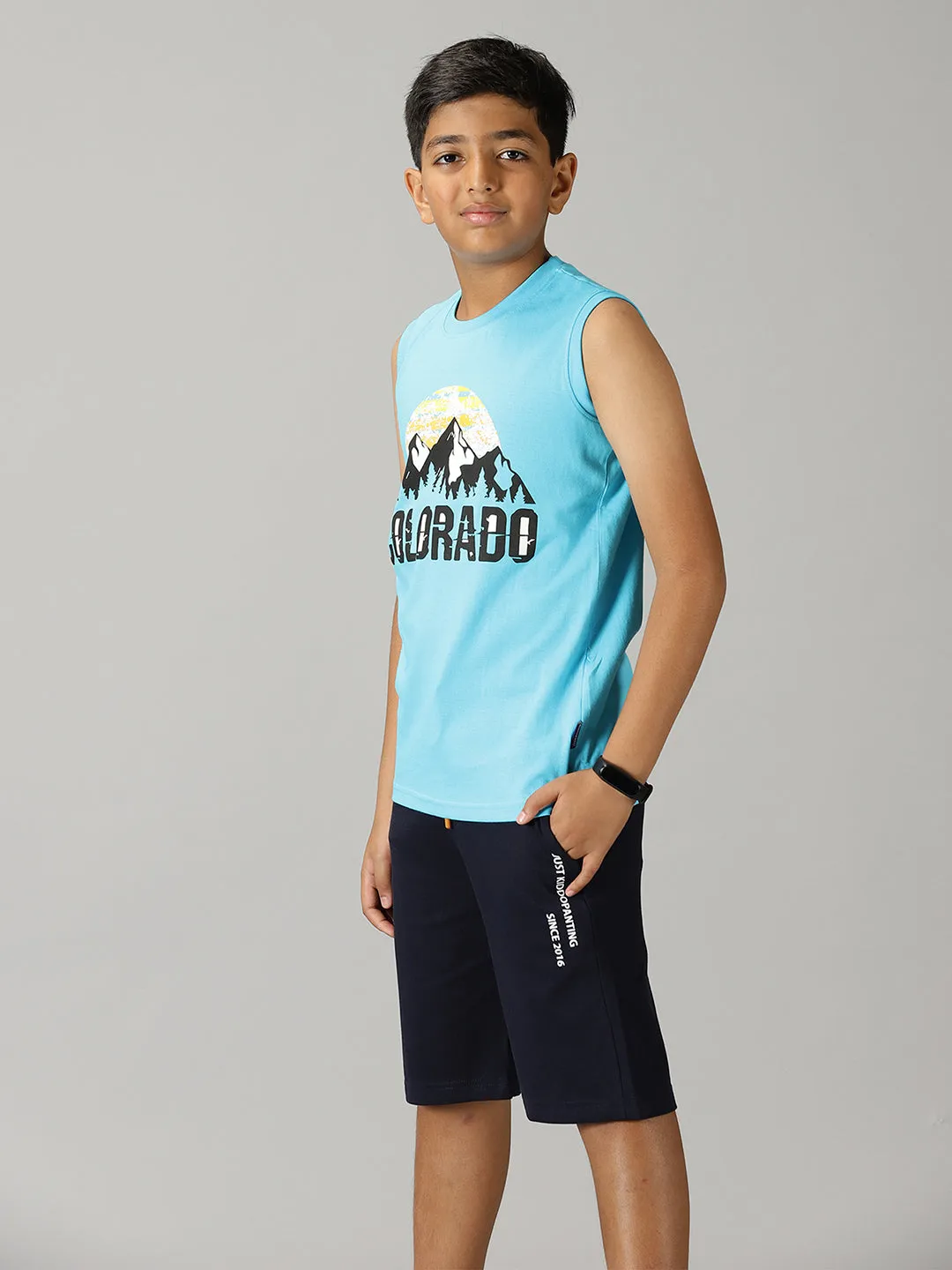 Boys Printed Sleeveless Tee & Knit Shorts With Zipper Pocket Set