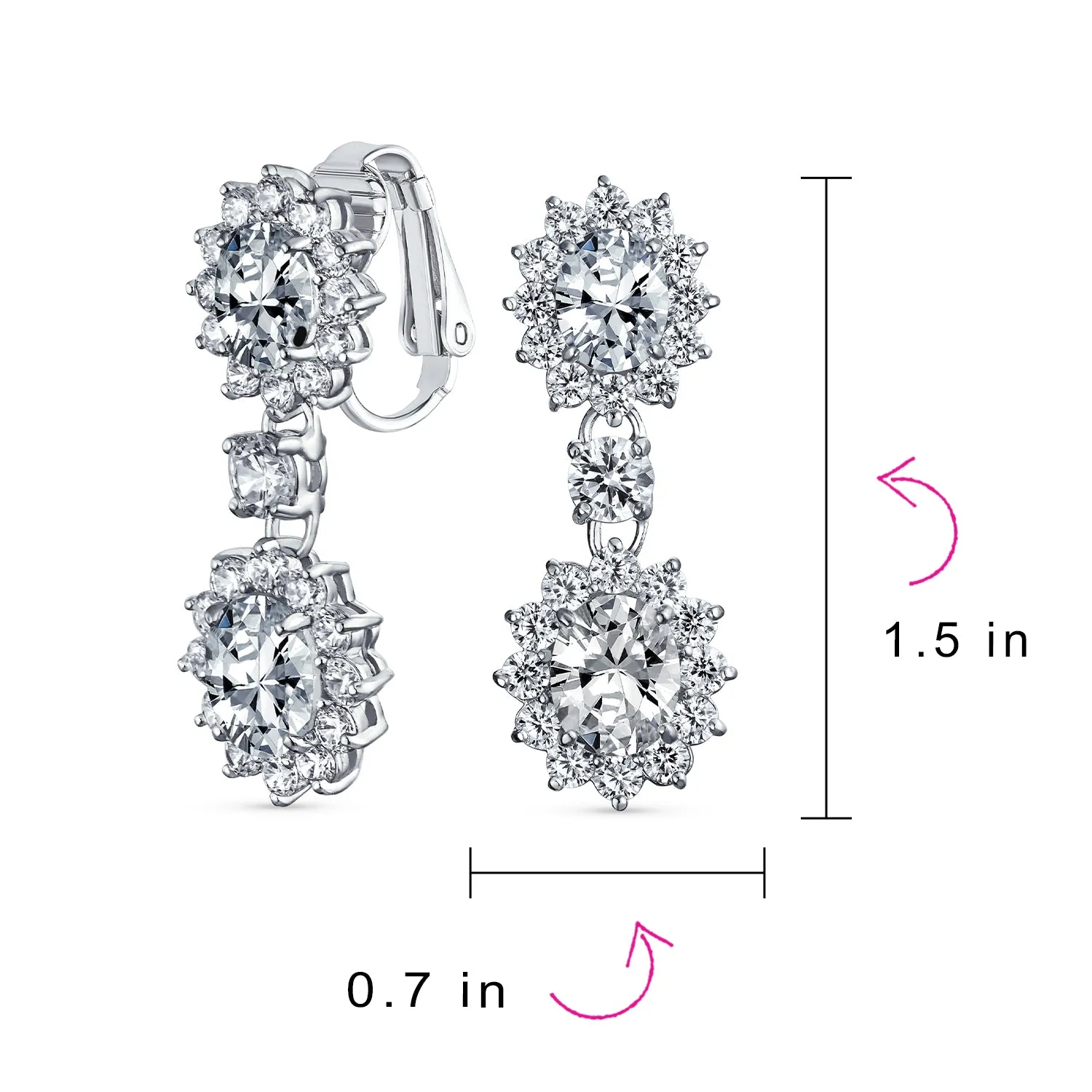 Bridal Oval Teardrop AAA CZ Halo Clip On Dangling Chandelier Earrings