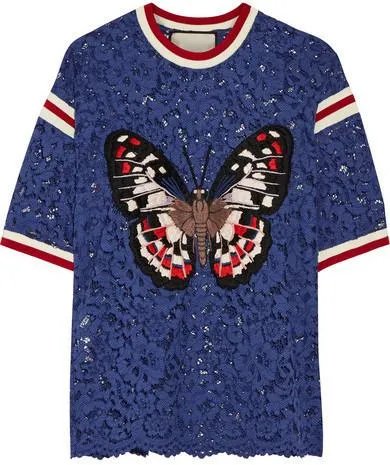 'Butterfly Applique' Lace T-Shirt in Blue