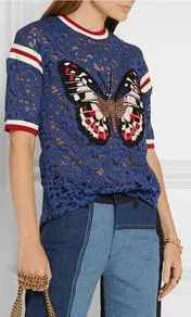 'Butterfly Applique' Lace T-Shirt in Blue