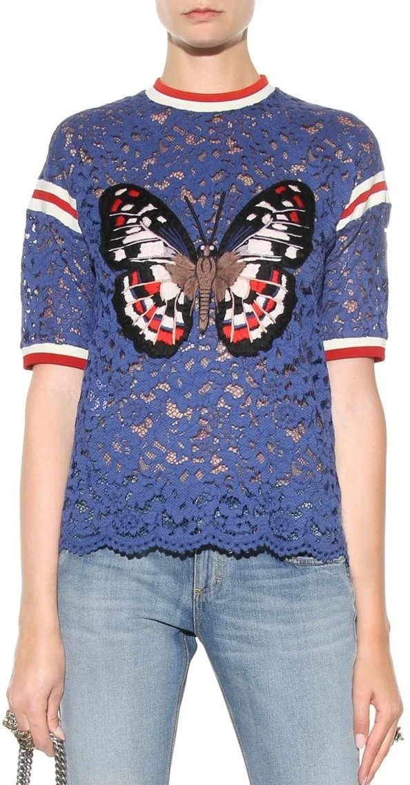 'Butterfly Applique' Lace T-Shirt in Blue