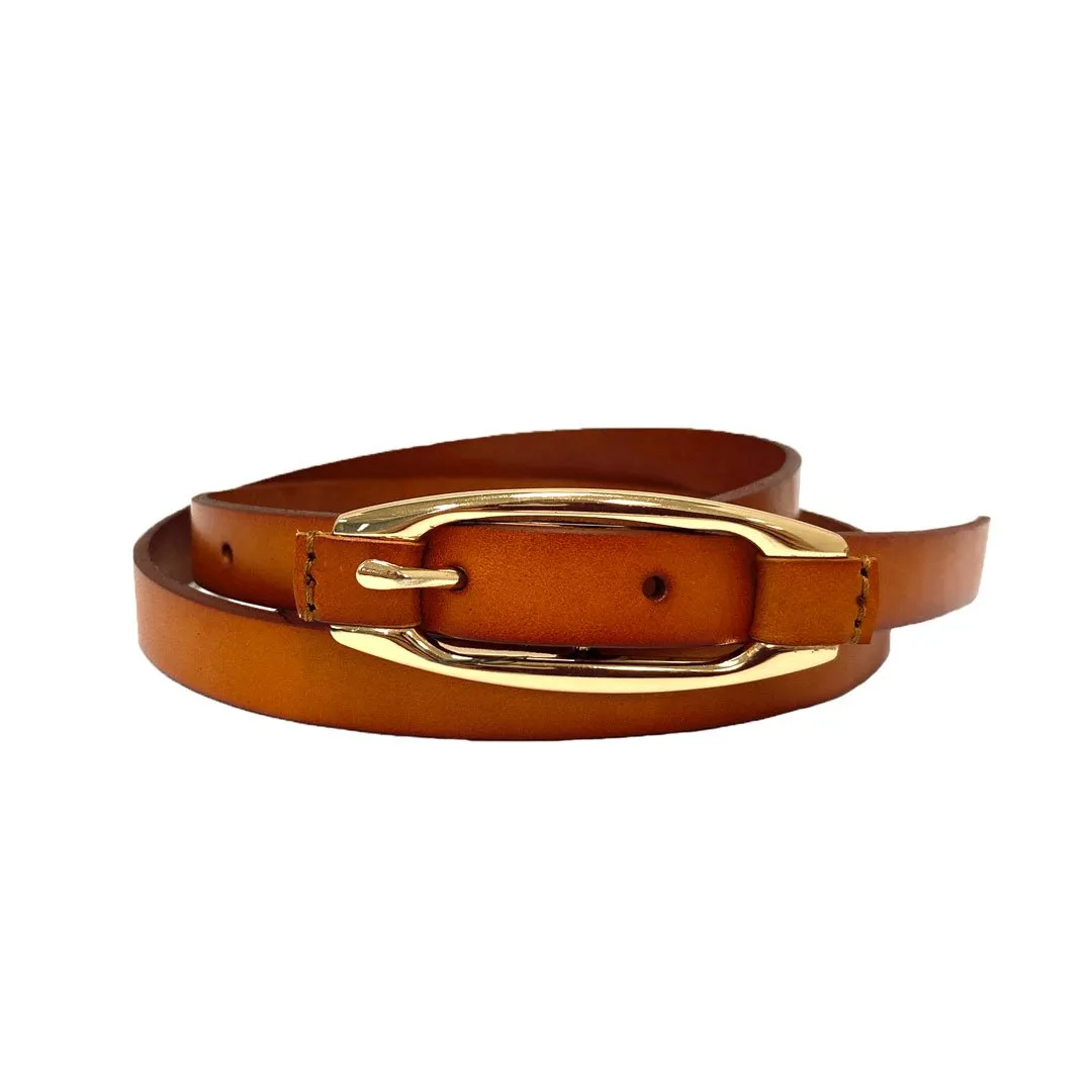 CADIA - Women's Tan Genuine Leather Skinny Belt with Oval Gold buckle