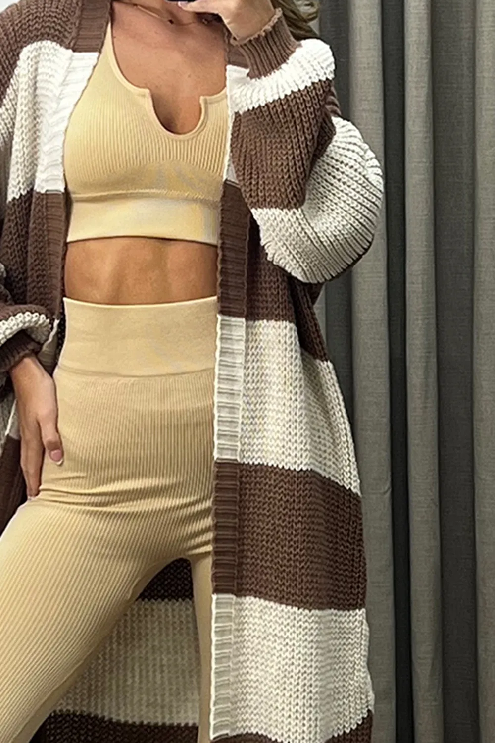 Corinna Brown and Beige Stripe Maxi Knitted Cardigan