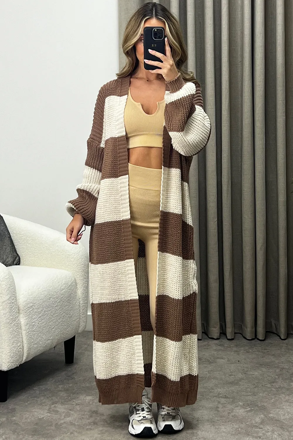 Corinna Brown and Beige Stripe Maxi Knitted Cardigan