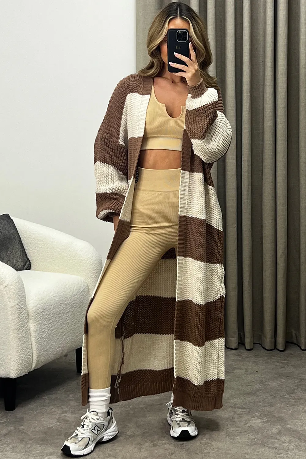 Corinna Brown and Beige Stripe Maxi Knitted Cardigan