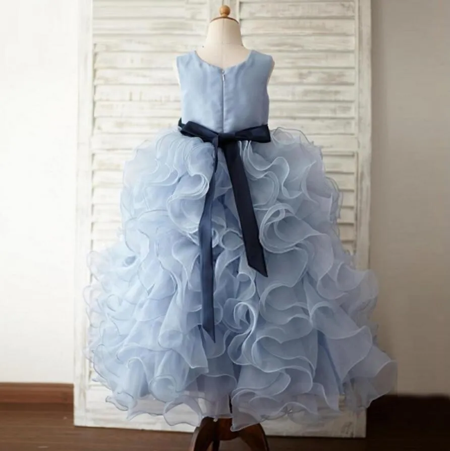 Dusty Blue Organza Floral Flower Girl Dresses With Belt, Little Girl Dresses, FGY0115