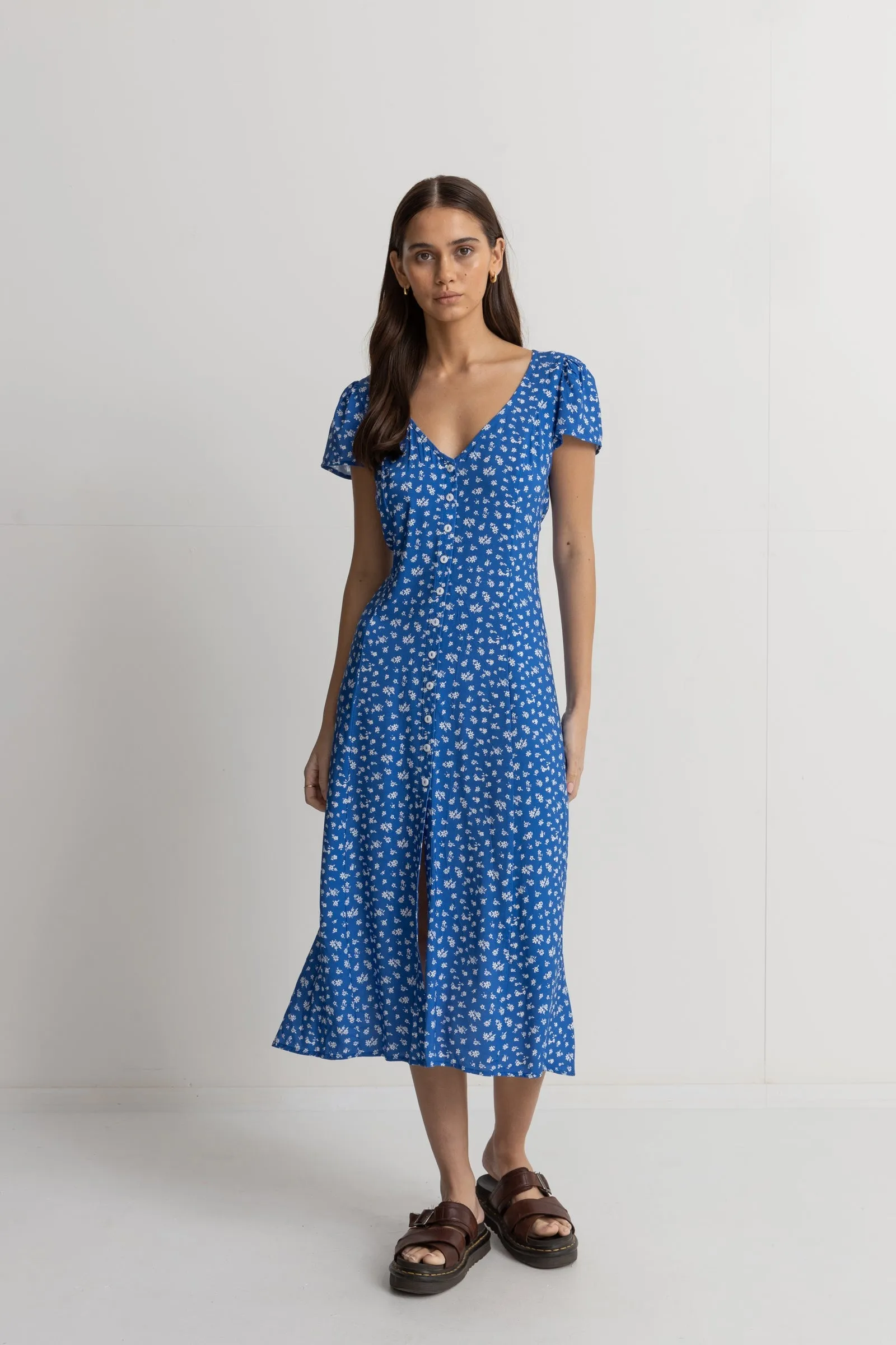 Elodie Floral Cap Sleeve Midi Dress Blue