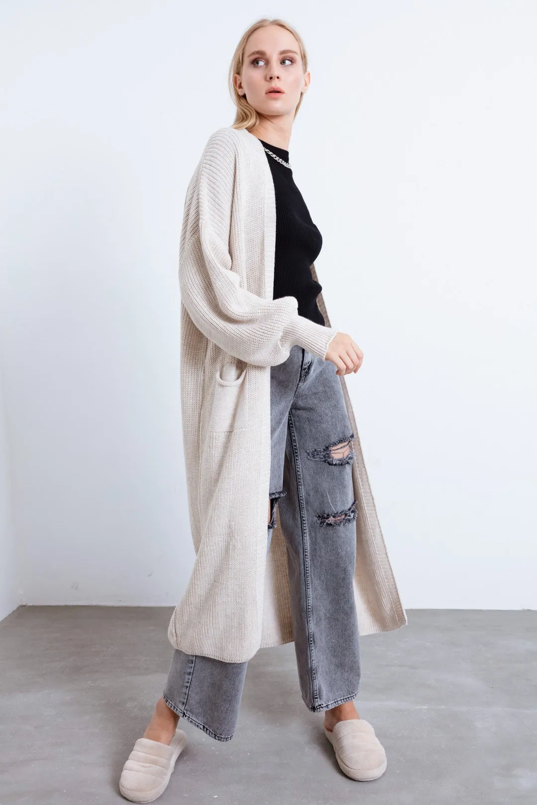 Female Balloon Arm Long Knitwear Cardigan