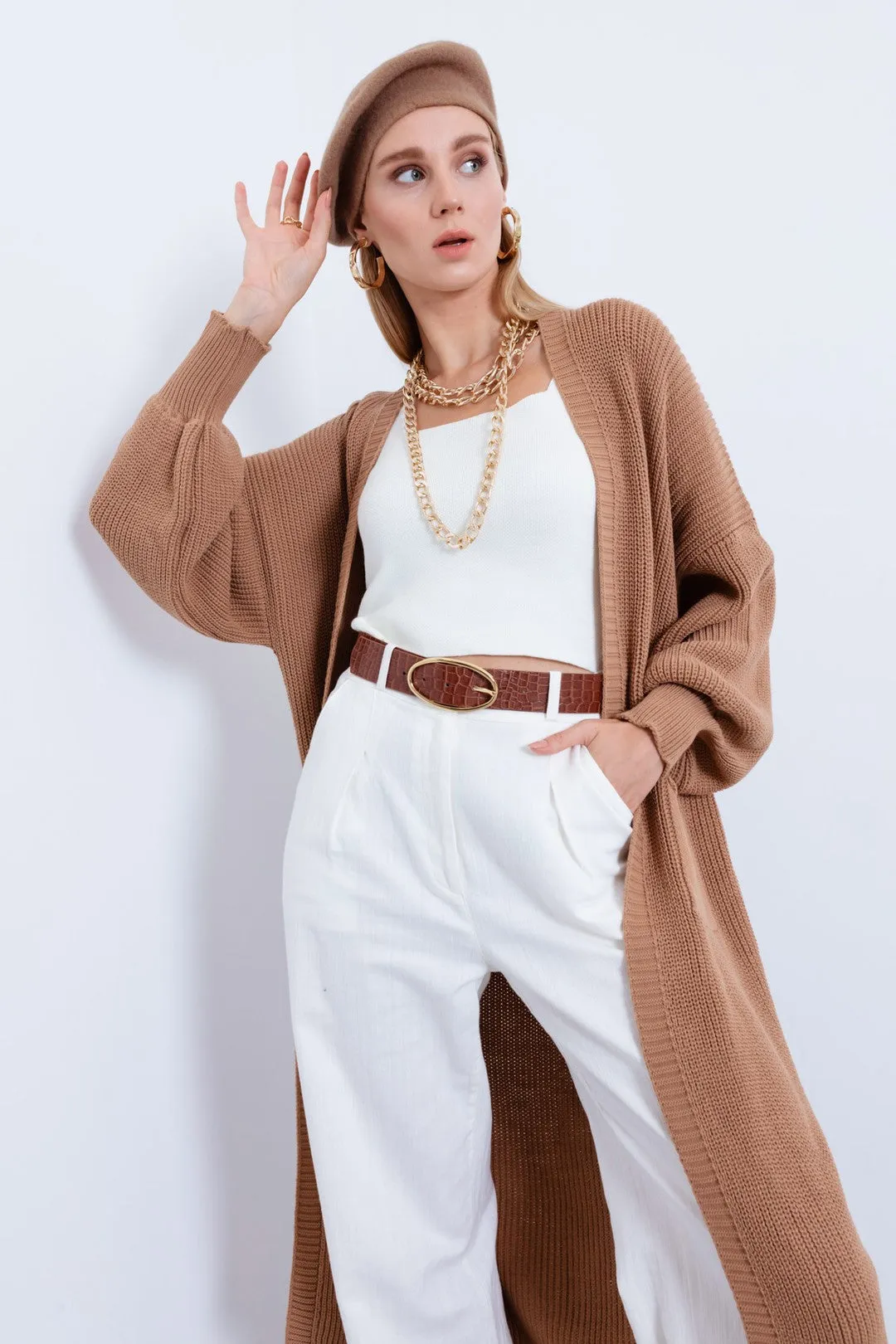 Female Balloon Arm Long Knitwear Cardigan